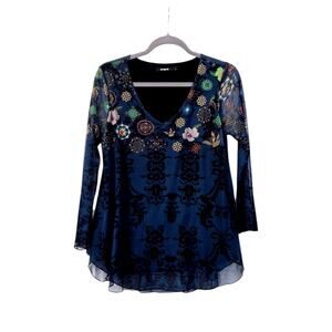 Desigual Colorful New Age Style Geometric Mesh Embellished Blouse Top, Medium